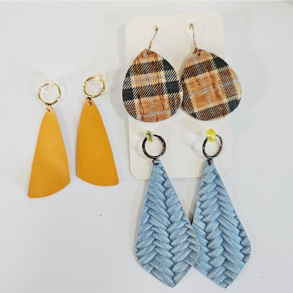 Set of Three Hand Crafted Faux Leather Textured Plaid Teardrop Dangle Earrings